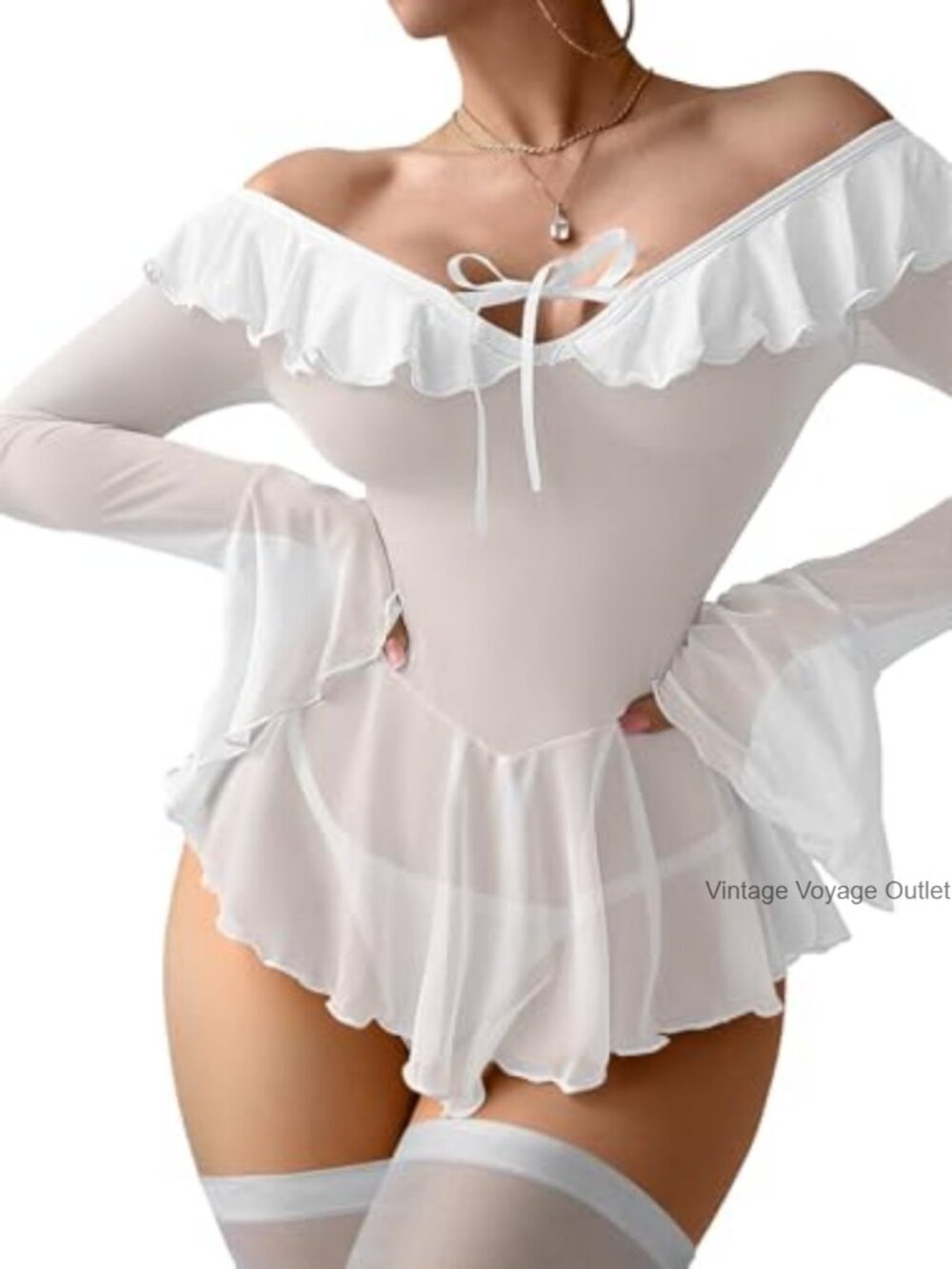Sexy Sheer Mesh Babydoll Lingerie Set with Stockings & Thong - Picture 4 of 7